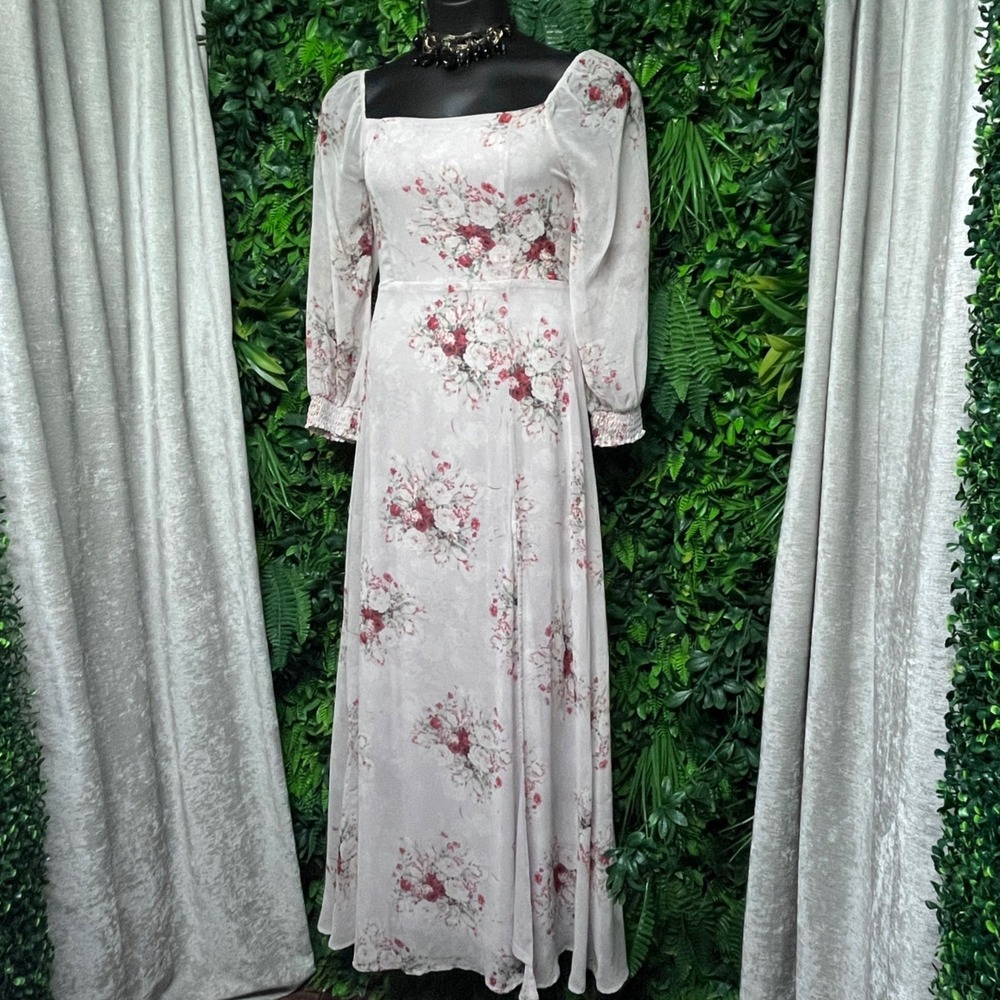 Baltic Born Dress Large Cream Floral Maxi Square Neck Smocked Back Boho 4193